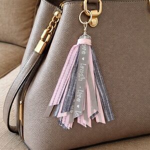 Live Love Laugh Ribbon Bag Tassel charm boho Hippie charm, Clip on Bag, backpack